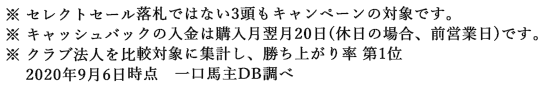 ※セレクトセール落札ではない3頭もキャンペーンの対象です。※キャッシュバックの入金は購入月翌月20日(休日の場合、前営業日)です。※クラブ法人を比較対象に集計し、勝ち上がり率 第1位 2020年9月6日時点 一口馬主DB調べ