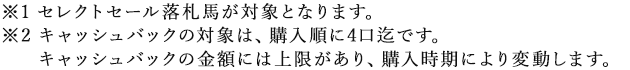 ※1 セレクトセール落札馬が対象となります。※2 キャッシュバックの対象は、購入順に4口迄です。キャッシュバックの金額には上限があり、購入時期により変動します。